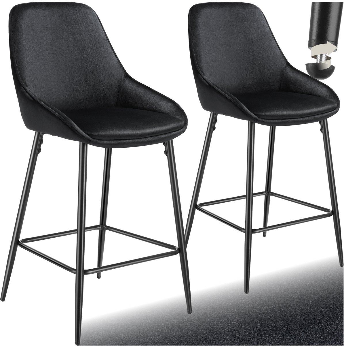 Tectake Set van 2 Barkrukken Siera - Gestoffeerde Barkruk met rugleuning - Barstoelen - Barstoel met voetensteun - Eetkamerstoel met fluweellook bekleding en zachte schuimvulling - Stevige stalen poten met antislip vloerbescherming - Zwart