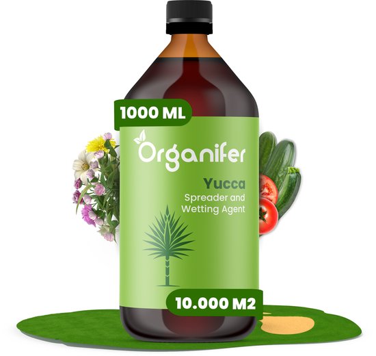 Fles Organifer Yucca Spreader and Wetting Agent 1000ml, met bloemen en groenten.