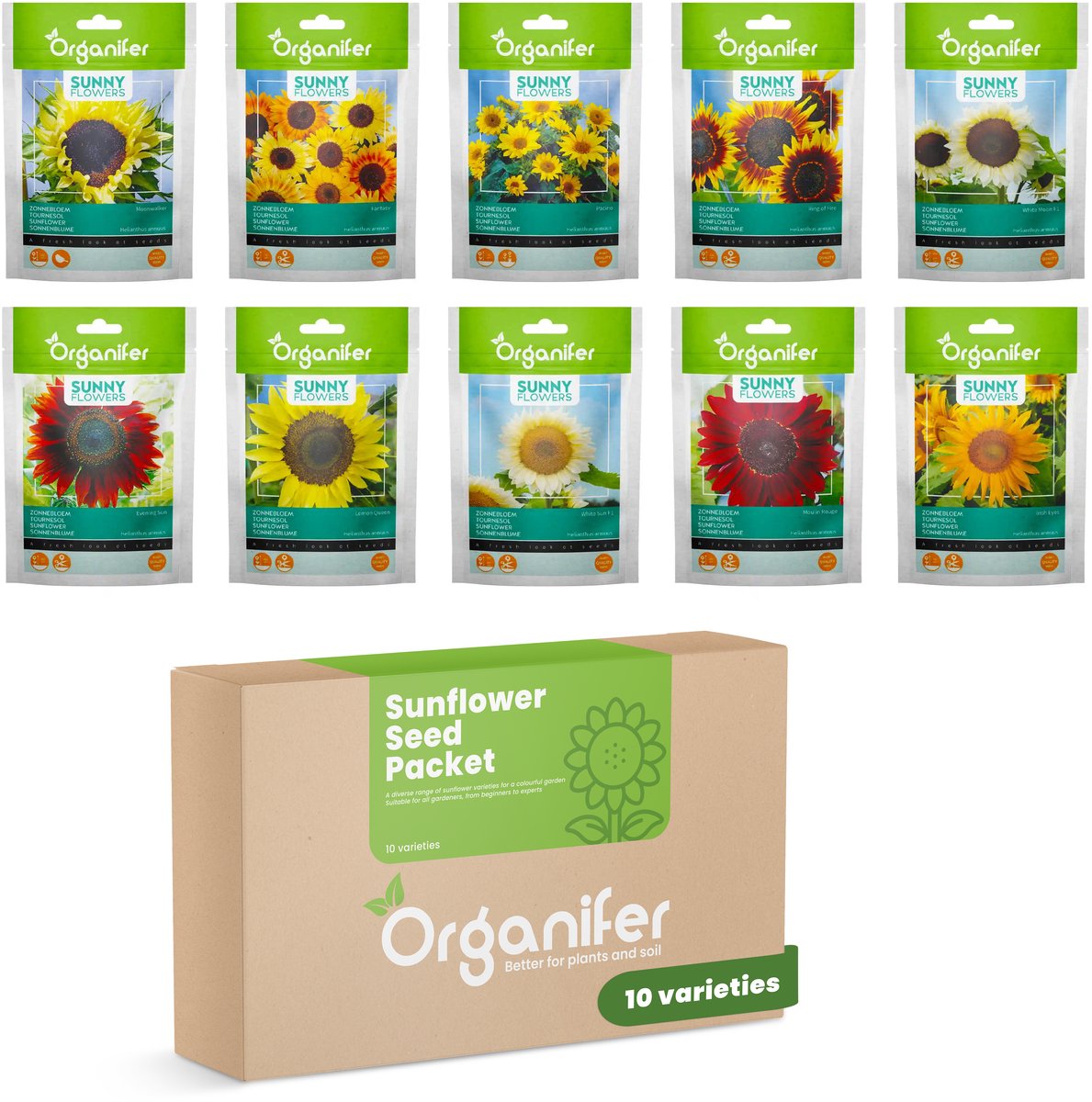 Zonnebloem Zadenpakket - 10 Soorten - Zonnebloem Zaadjes - Zonnebloemen - Bloemenzaad - Bloemzaadjes - Zonnebloem Zaad - Non-GMO - Inclusief Avondzon & Moonwalker - Organifer