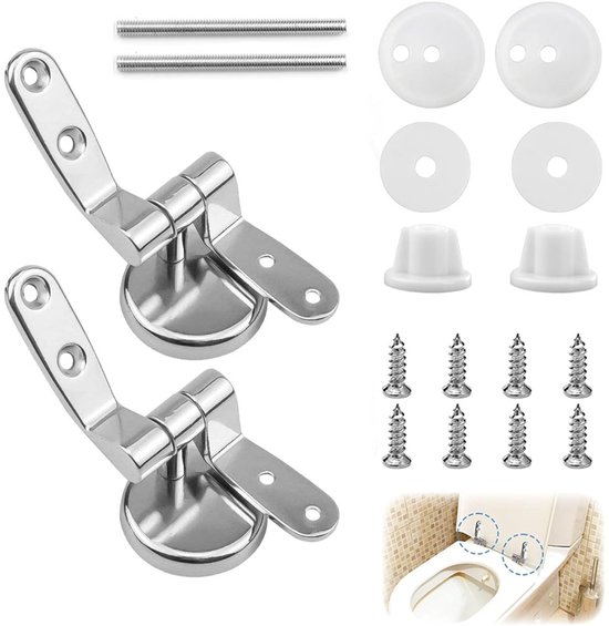 Set van twee zilverkleurige toiletbril scharnieren met alle benodigde installatieonderdelen, zoals schroeven en ringen.