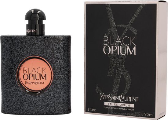 Zwarte flacon met glitterafwerking naast de bijpassende zwarte doos met 'BLACK OPIUM'.