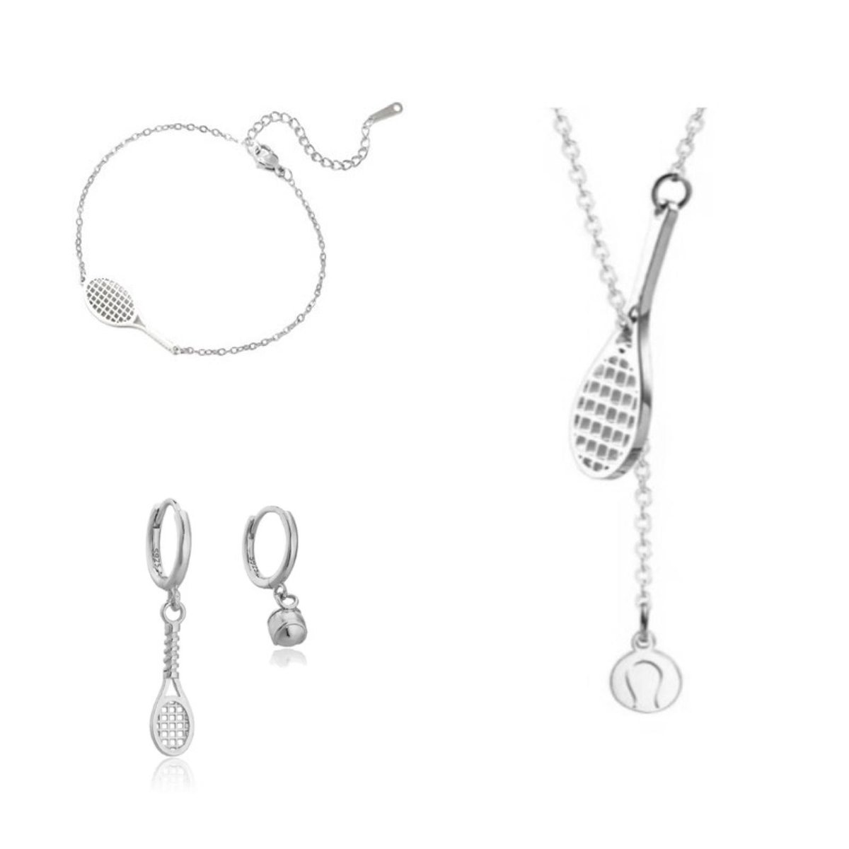 SportPresent® - Sieradenset - Tennis - Padel - Oorbellen - Armband - Ketting - RVS - Zilver - Tennisracket - 925 - Tennisbal - Sieraad - Kado - Sport - Teamkado - Sportsieraad