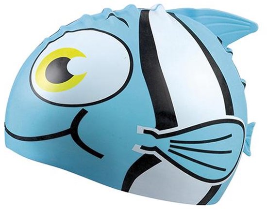 Lichtblauwe badmuts met een grappige, blauw met witte visprint, grote gele ogen en zwarte details.