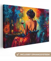Canvas schilderij 90x60 cm - Exclusieve wanddecoratie Wijn - Vrouw - Sfeervol - Kleurrijk - Muurdecoratie woonkamer - Slaapkamer decoratie - Kamer accessoires - Schilderijen op canvas