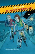 Boekomslag met twee kinderen op de fiets, een kat en een huis. Tekst: 'SUNNY TWINS DE GEHEIME SCHUILPLAATS Annette van der Plas'