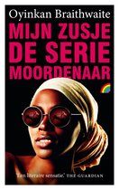 Boekomslag 'Mijn zusje, de seriemoordenaar' met een vrouw met zonnebril en hoofddoek. De titel en auteur zijn zichtbaar.