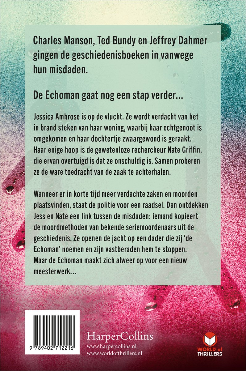 Boekomslag met tekst over seriemoordenaars Charles Manson, Ted Bundy en Jeffrey Dahmer. Titel: De Echoman gaat nog een stap verder...