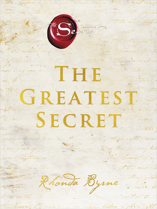 Boekomslag van 'The Greatest Secret' met een rode zegel en gouden letters. De achtergrond is crèmekleurig met schrijftekst.