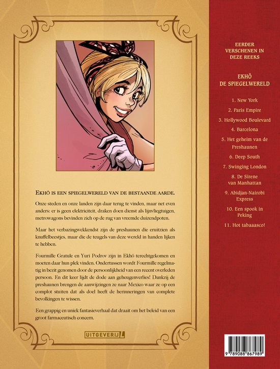 Comic cover: Close-up van een lachend blond meisje met een gestreepte hoofdband, dat achter een paarse doek vandaan kijkt. Rechts een lijst met titels.