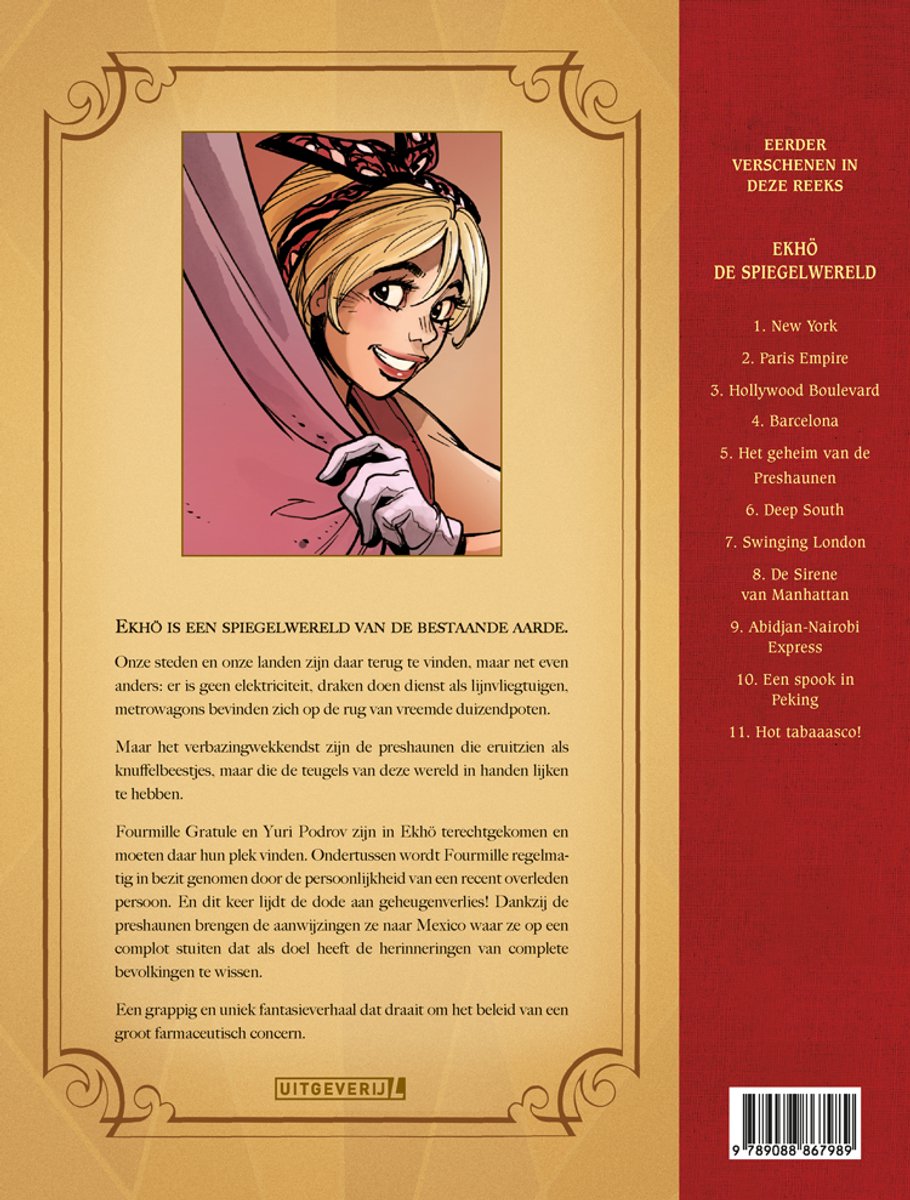 Comic cover: Close-up van een lachend blond meisje met een gestreepte hoofdband, dat achter een paarse doek vandaan kijkt. Rechts een lijst met titels.
