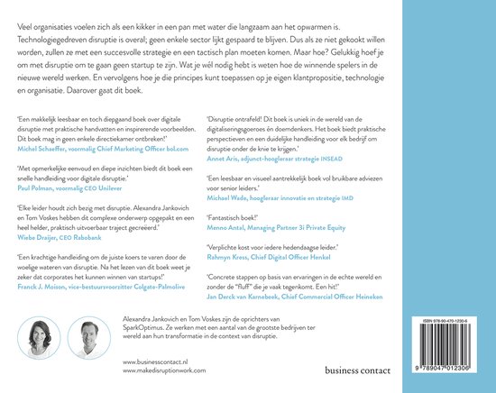 Twee auteurs, Alexandra Jankovich en Tom Voskes, worden afgebeeld in een collage van hun portretten, naast tekst over hun boek.