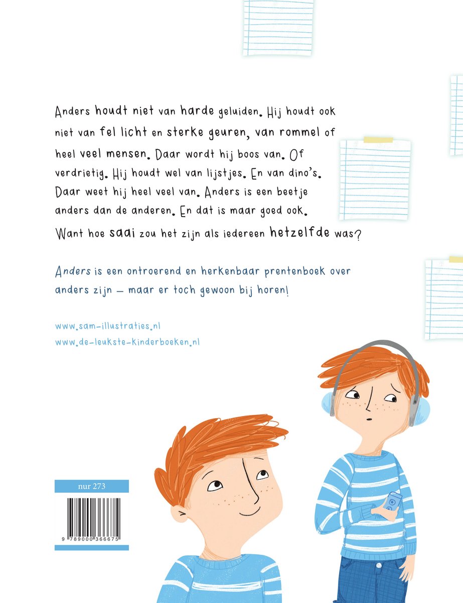 Achterkant boek "Anders" met tekst en illustraties van twee jongetjes met koptelefoon en een met koptelefoon en smartphone.