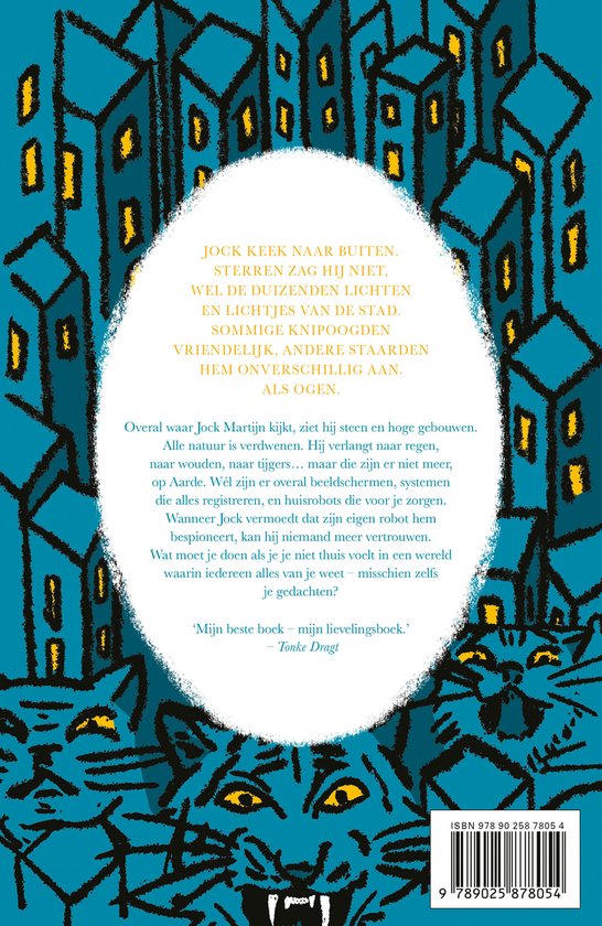 Achterkant van het boek 'Ogen van Tijgers' met tekst.