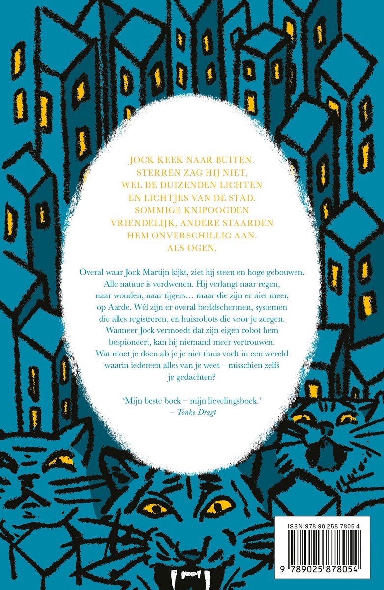 Achterkant van het boek 'Ogen van Tijgers' met tekst.