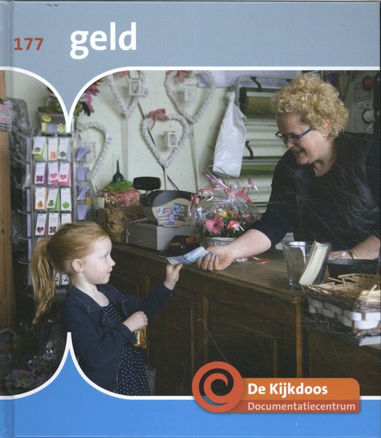 Een vrouw helpt een klein meisje met het afrekenen van bloemen. De tekst '177 geld' staat linksboven.