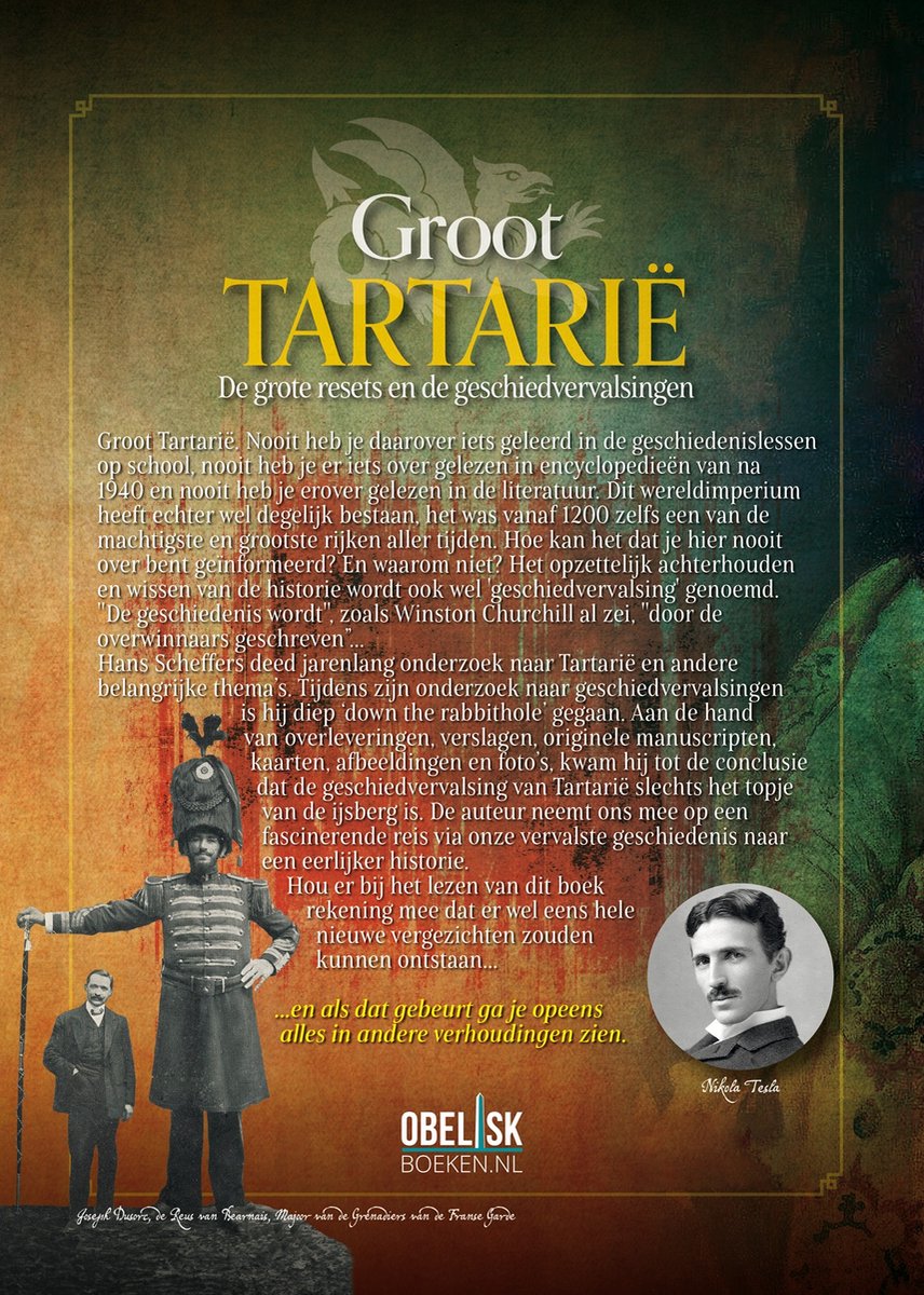 Boekomslag 'Groot Tartarië' met een man in militair uniform, Nikola Tesla en een spreuk.