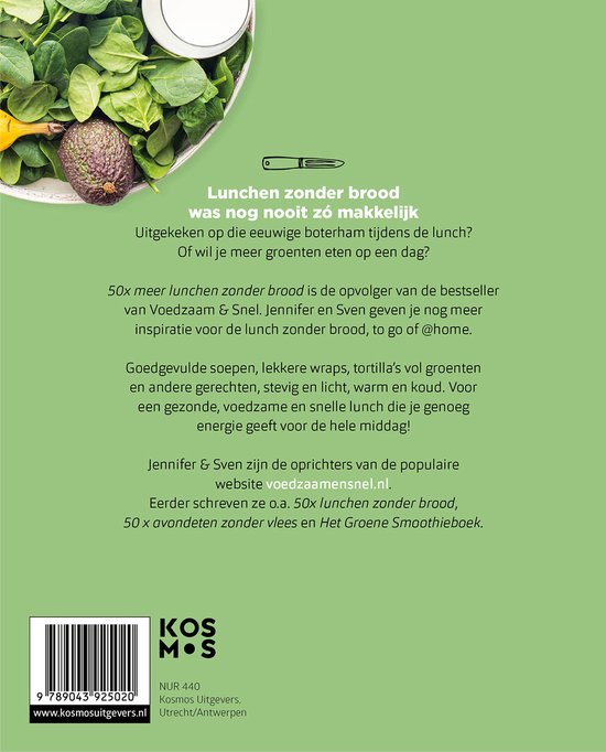 Achterkant van een boek met tekst over 50x meer lunchen zonder brood en een afbeelding van groenten en avocado.