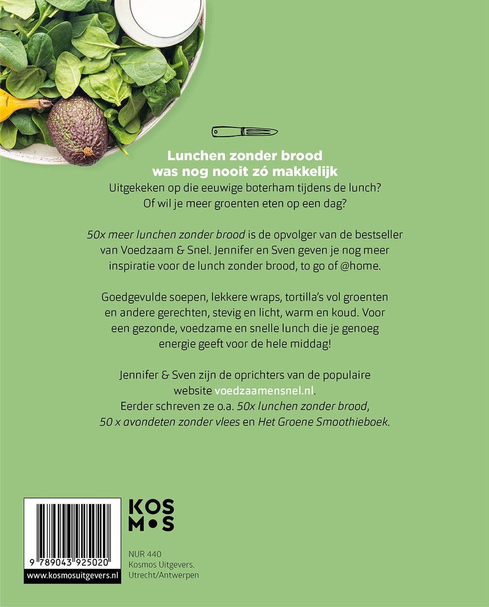 Achterkant van een boek met tekst over 50x meer lunchen zonder brood en een afbeelding van groenten en avocado.