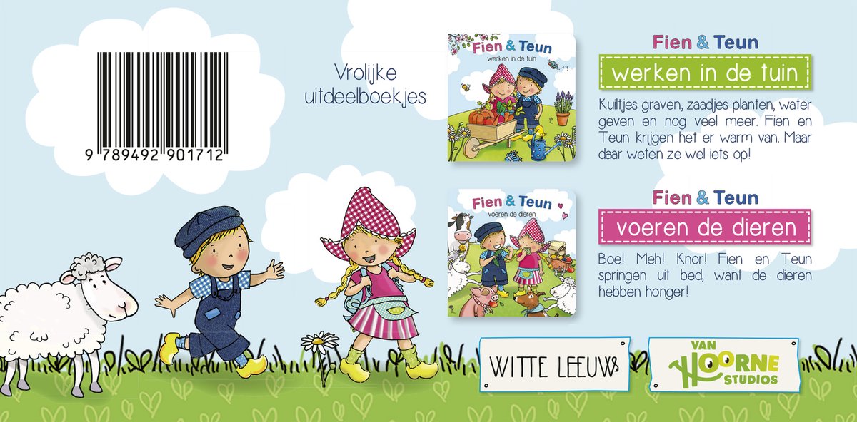 Achterkant van Fien & Teun uitdeelboekjes, met illustraties van Fien, Teun, een schaap en tekst.