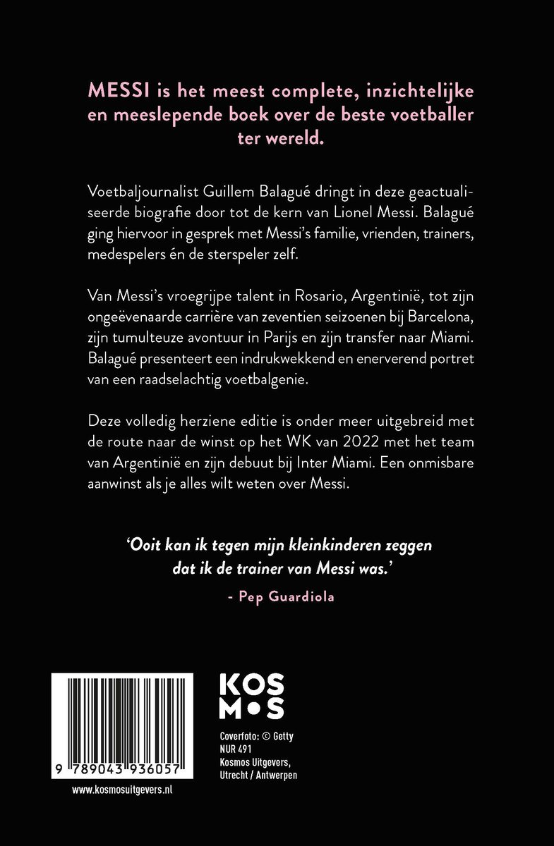 Dos du livre avec le texte de la biographie de Lionel Messi, par l'auteur Guillem Balagué, et une citation de Pep Guardiola.