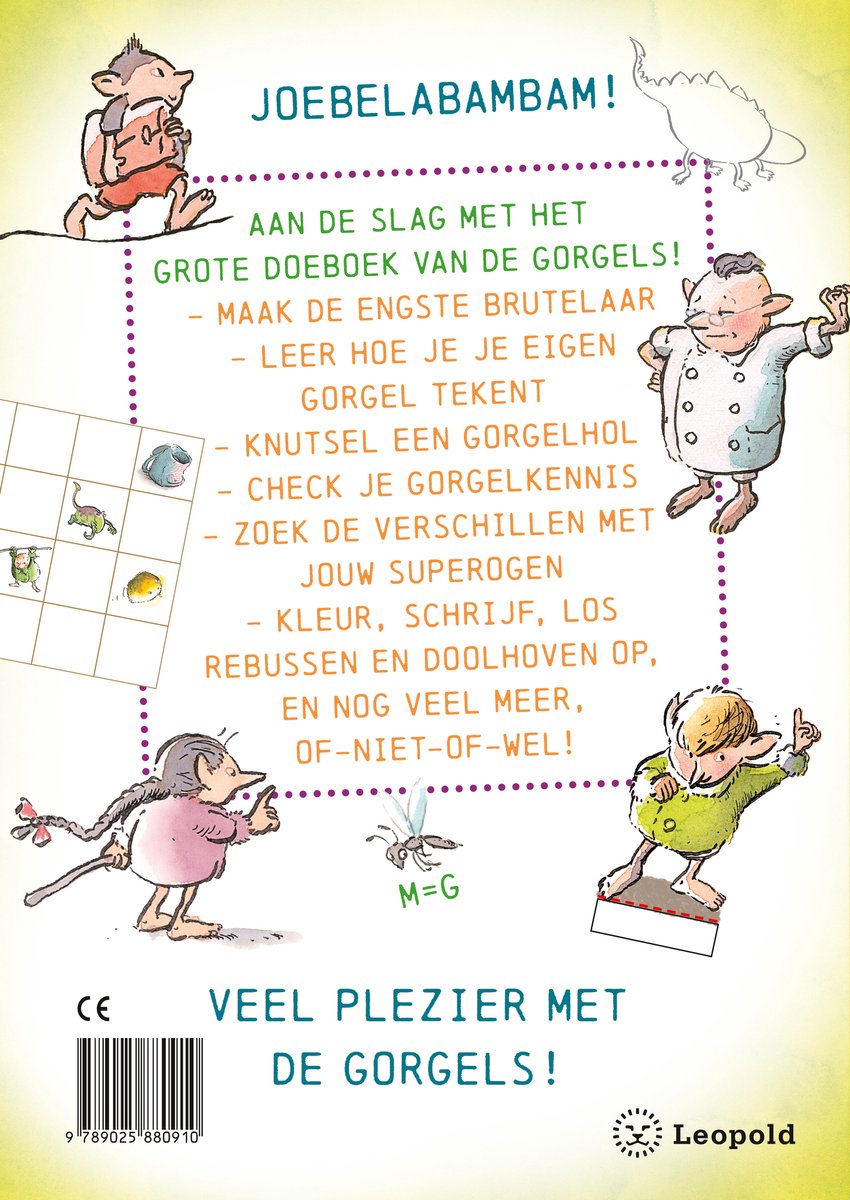 Achterkant De Gorgels Doe Boek met Jochem Myjer & Rick de Haas. Groen met veel activiteiten en illustraties.