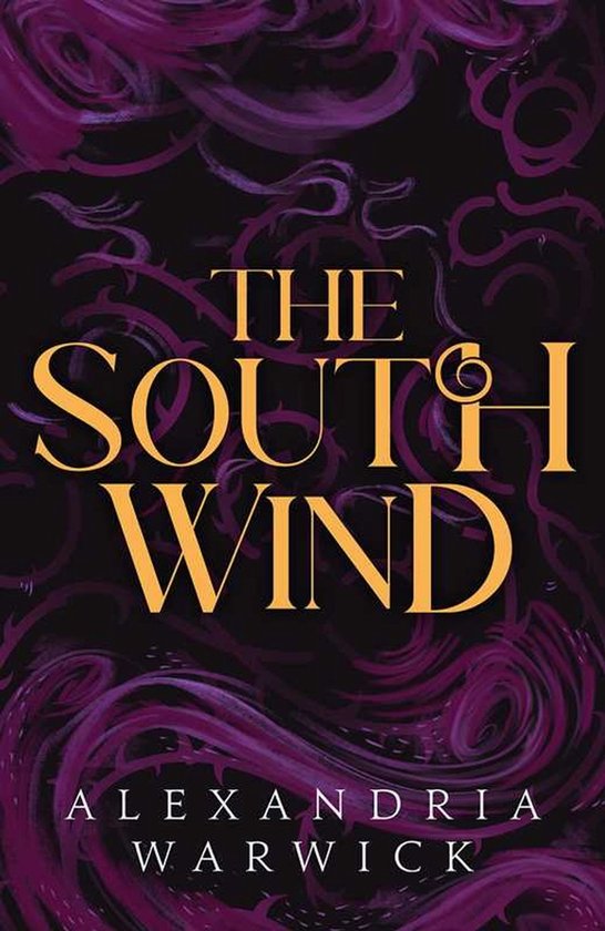 Boek kaft 'The South Wind' met gouden letters, op een donkere achtergrond met paarse krullen.