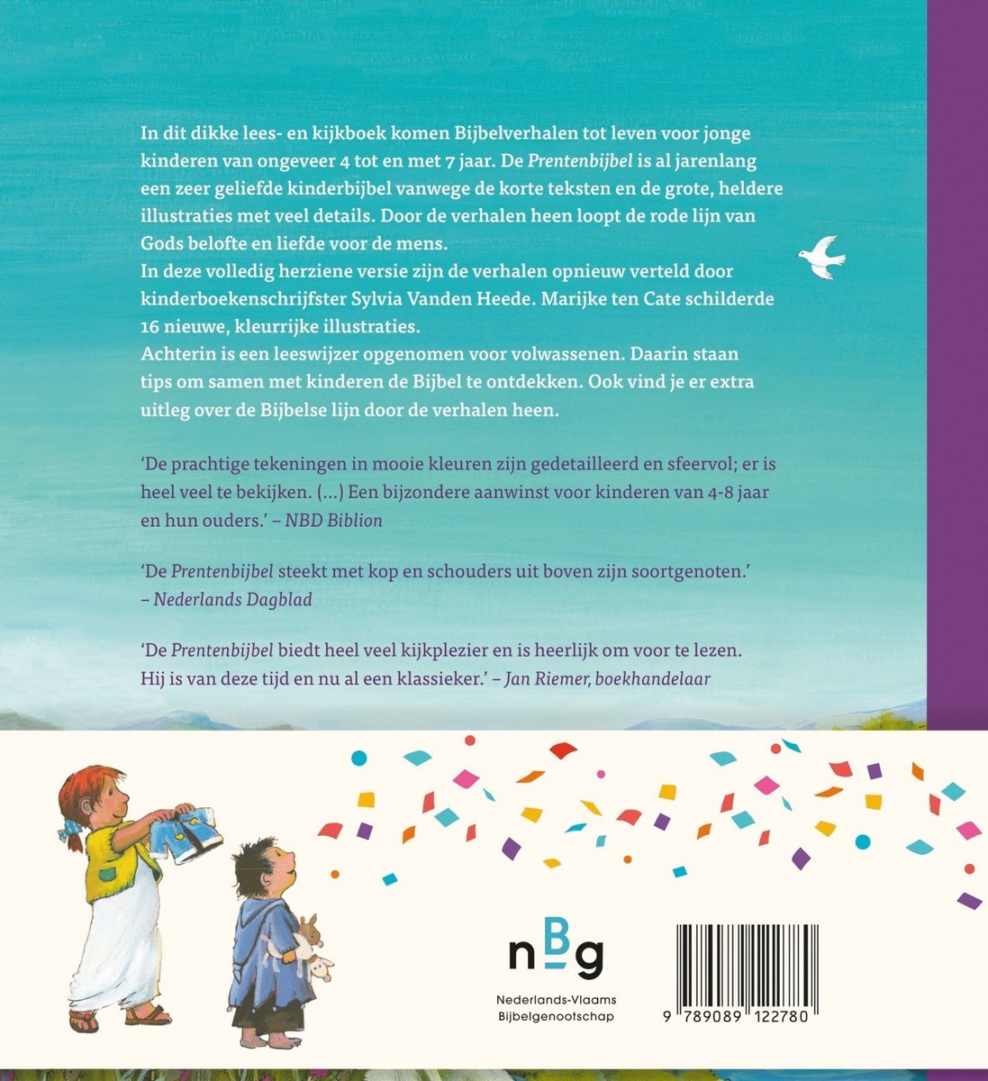 Achterkant van een boek met tekst over het Bijbelverhaal en twee kinderen die omhoog kijken naar een bijbel.