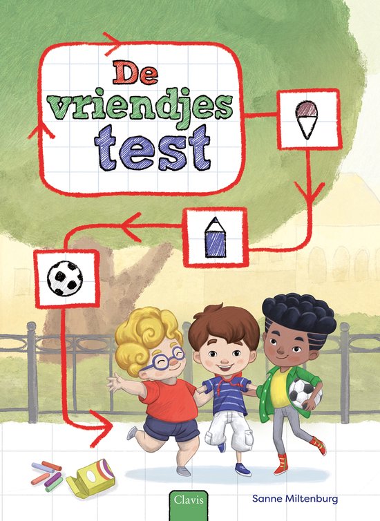 Drie jongens, waarvan één met een bal, staan lachend samen. De titel 'De vriendjestest' staat bovenaan.