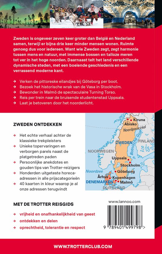 Boek over Zweden met een kaart en afbeeldingen van het noorderlicht, honden sledehonden en een fjord.