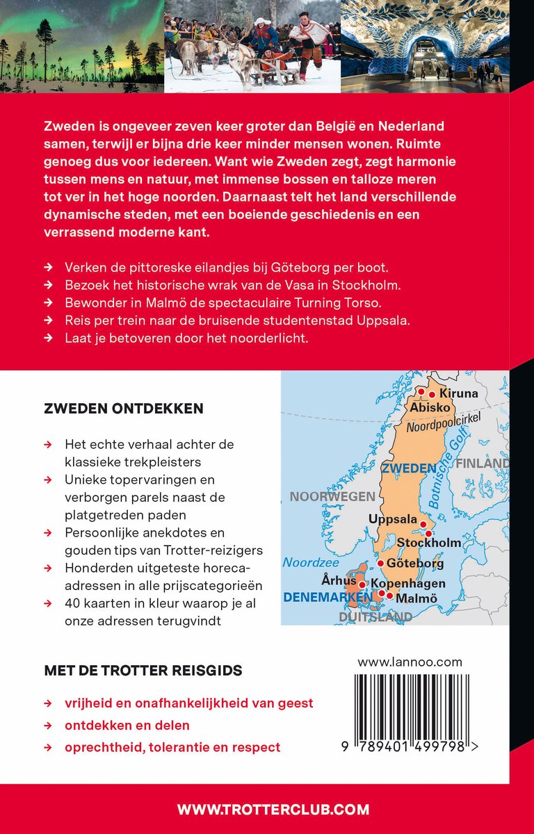 Boek over Zweden met een kaart en afbeeldingen van het noorderlicht, honden sledehonden en een fjord.