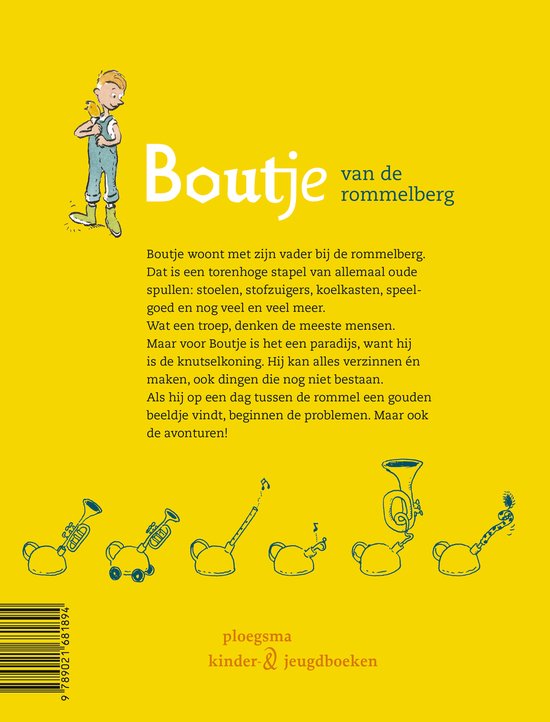 Achterkant van het boek 'Boutje van de rommelberg' met tekst en illustraties van muziekinstrumenten.