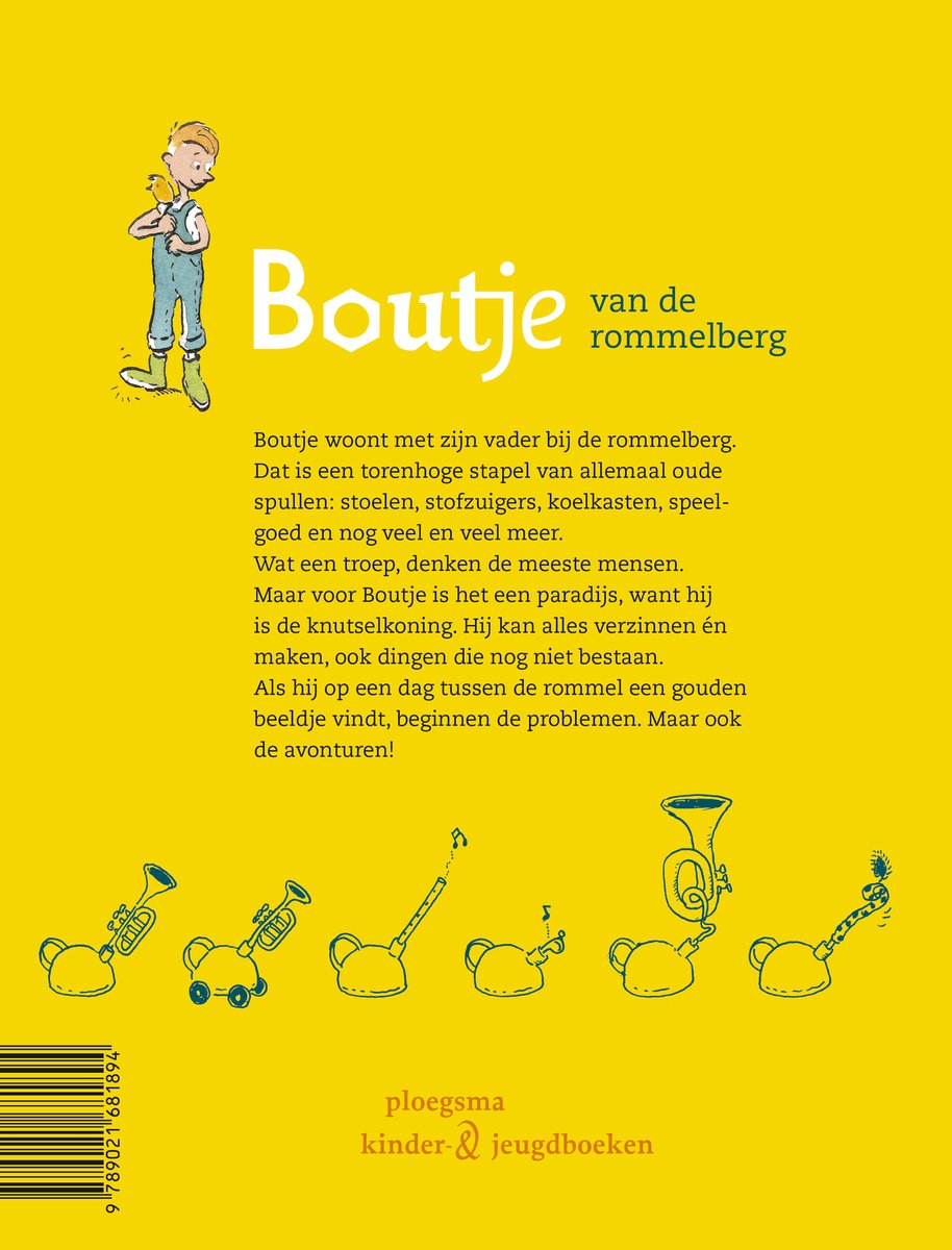 Achterkant van het boek 'Boutje van de rommelberg' met tekst en illustraties van muziekinstrumenten.