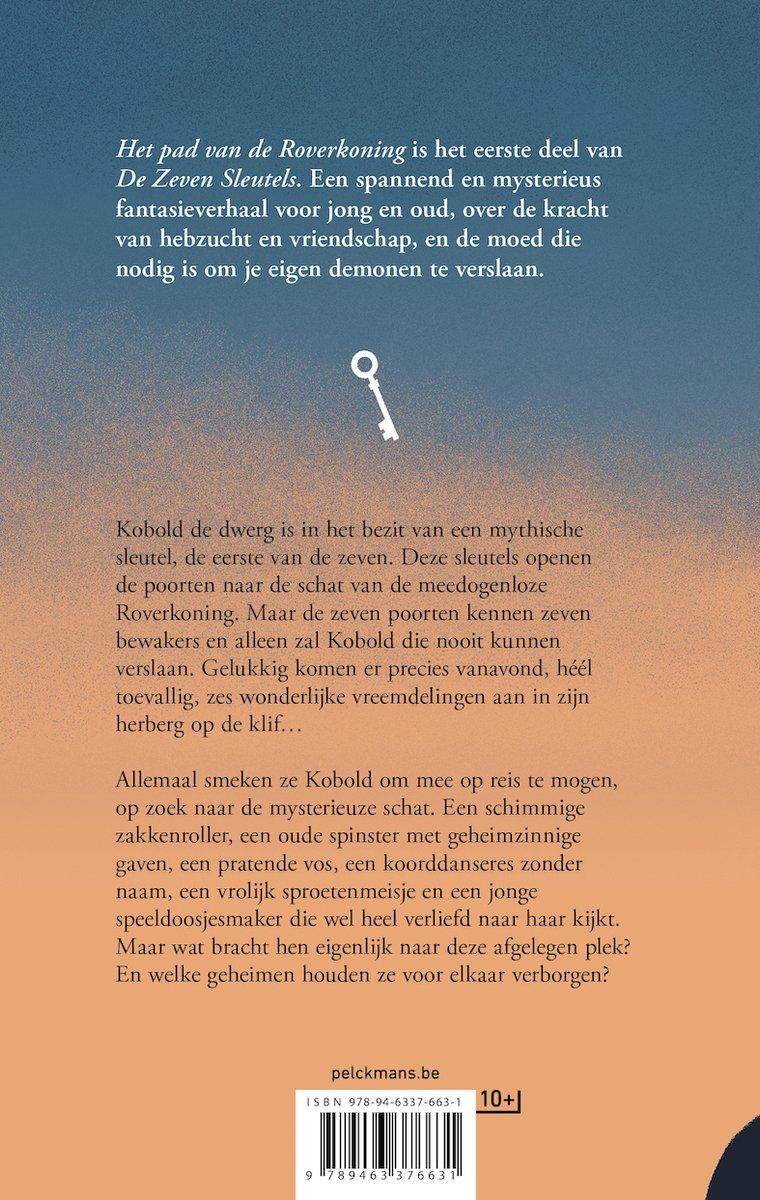 Achterkant van het boek 'De Zeven Sleutels 1: Het pad van de Roverkoning' met een witte sleutel-icoon en tekst.