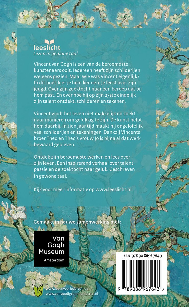 Achterkant van het boek "Vincent van Gogh Zijn leven" met tekst over de kunstenaar en de bloeiende takken van een boom.