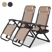 Bol.com Novitaa Opvouwbare Ligstoelen Duoset - Verstelbaar - 30°-90° - Beker en Telefoonhouder - Tuinstoel - Metaal - Beige aanbieding
