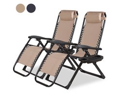 Novitaa Opvouwbare Ligstoelen Duoset - Verstelbaar - 30°-90° - Beker en Telefoonhouder - Tuinstoel - Metaal - Beige Novitaa Opvouwbare Ligstoelen Duoset - Verstelbaar - 30°-90° - Beker en Telefoonhouder - Tuinstoel - Metaal - Beige