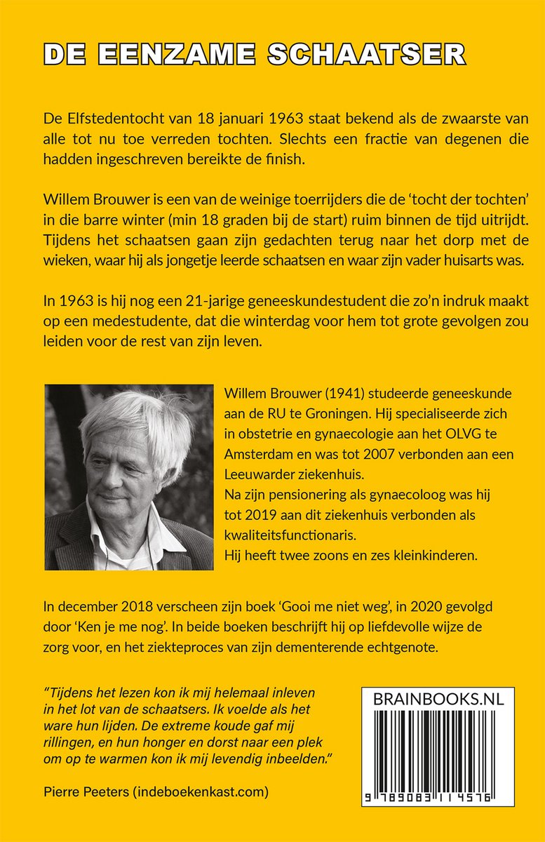 Boekomslag met tekst "De Eenzame Schaatser" en een foto van Willem Brouwer.