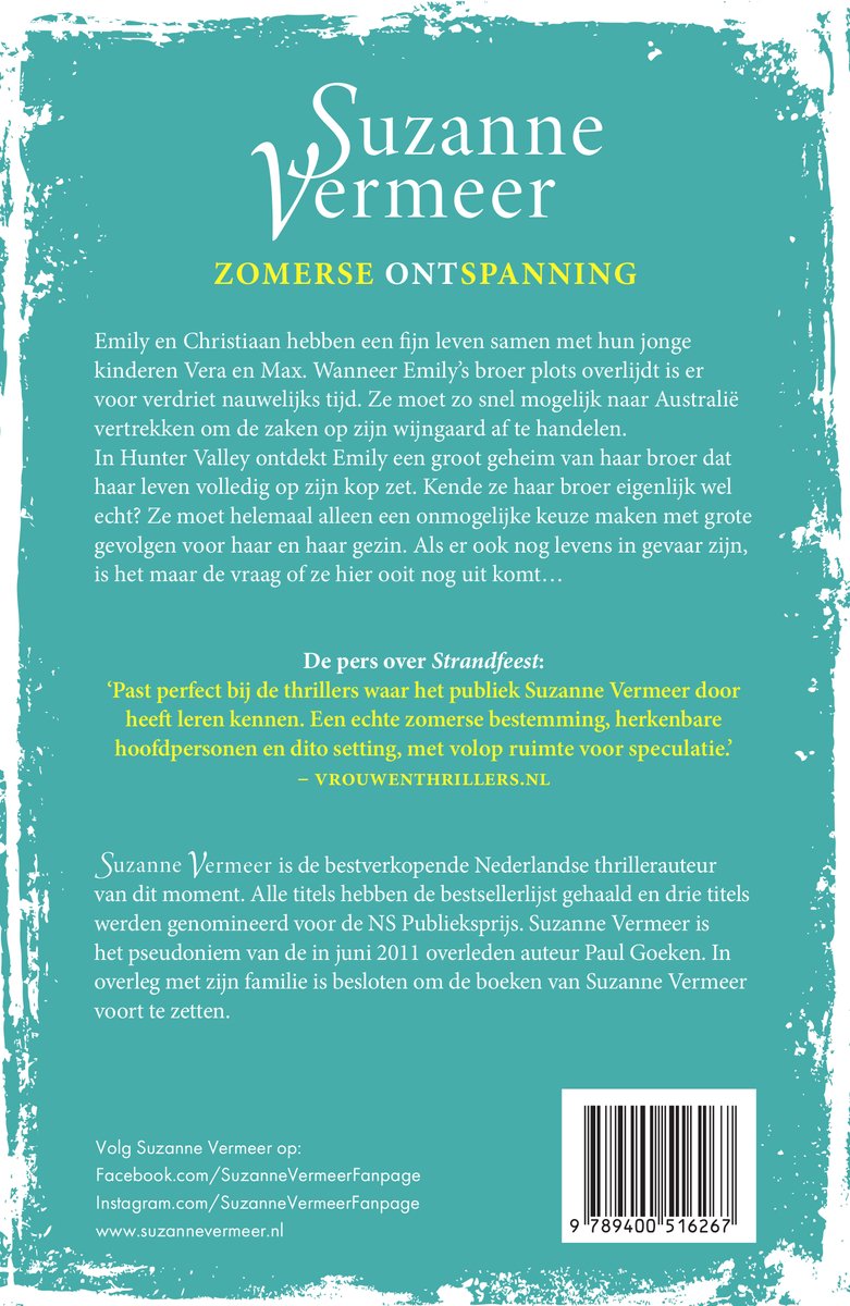 Achterkant boek van Suzanne Vermeer, Zomerse Ontspanning. Met tekst over het boek en de auteur.