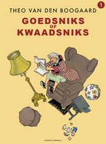 Boekomslag met de titel 'GOEDSNIKS OF KWAADSNIKS' en een tekening van een oudere vrouw in een stoel met een lamp en kapotte vaas.