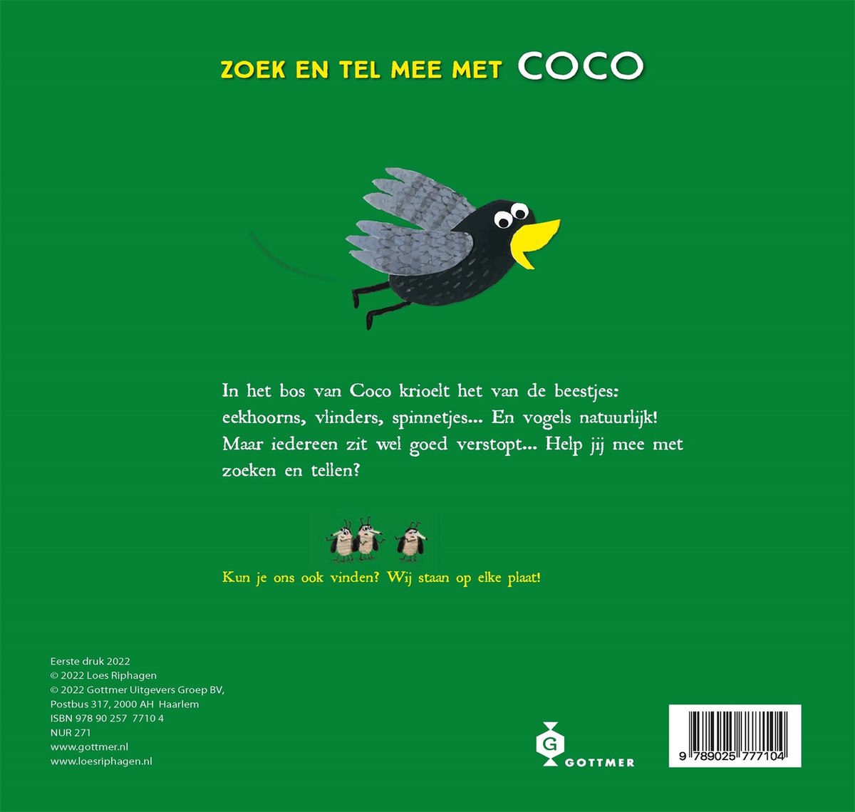 Boekachterkant met een vliegende kraai en tekst over het zoeken en tellen van dieren in het bos.