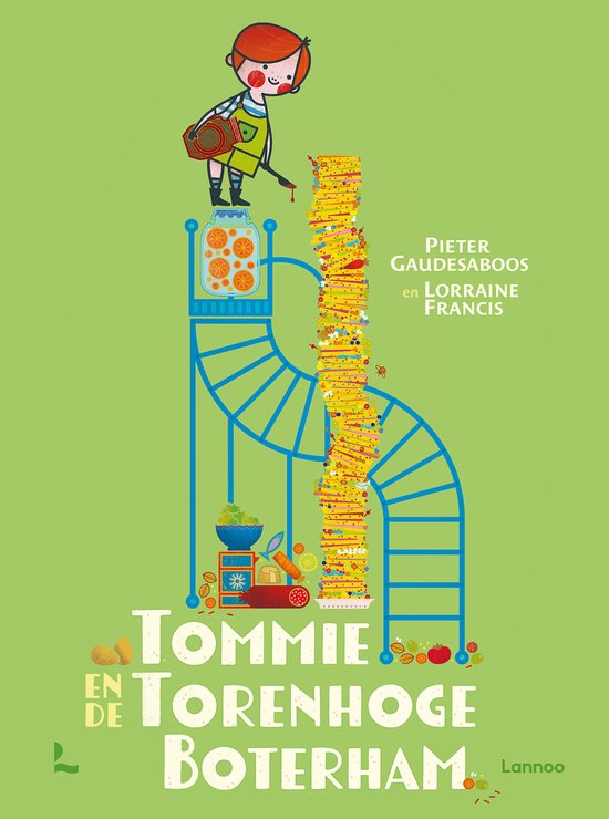 Een kinderboekillustratie van een jongen die bovenop een torenhoge stapel boterhammen staat, omringd door voedsel, op een groene achtergrond.