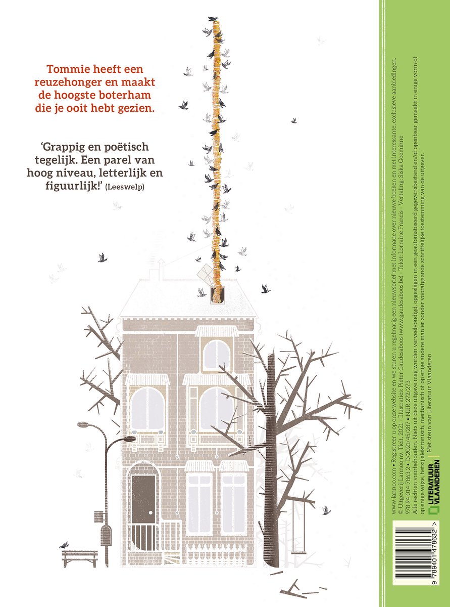 Een boekcover met een illustratie van een huis met een torenhoge stapel boterhammen die uit de schoorsteen komt, met vogels die erop landen.