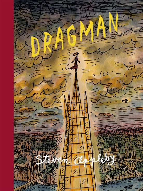 Boekomslag met de titel 'Dragman' in gele letters. Een figuur staat op een hoge, puntige toren boven een stad.