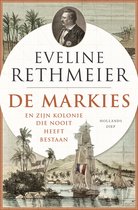 Boekcover 'De Markies en zijn kolonie die nooit heeft bestaan' door Eveline Rethmeier. Historische illustratie van een zeilschip, tropisch eiland en een portret van een man.