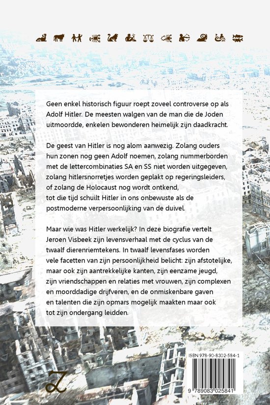 Boekkaft met tekst over Adolf Hitler, omringd door symbolen en een stadsgezicht.