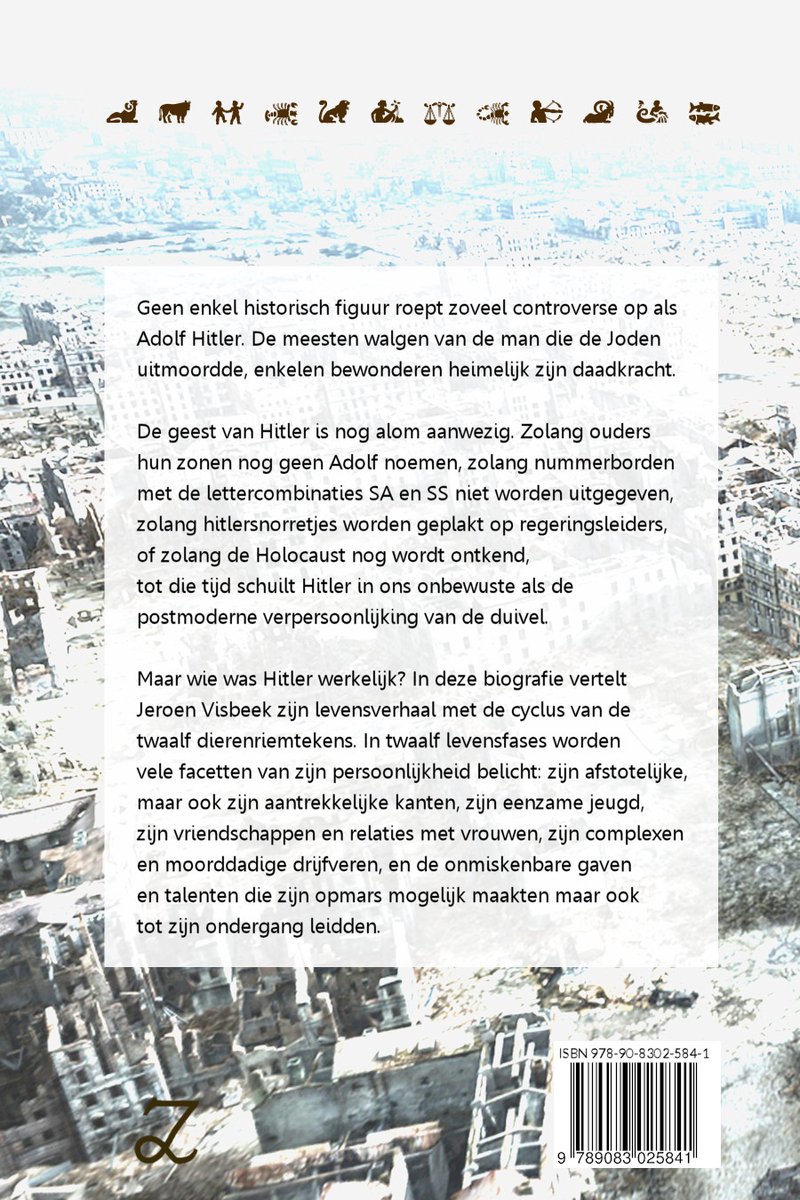 Boekkaft met tekst over Adolf Hitler, omringd door symbolen en een stadsgezicht.