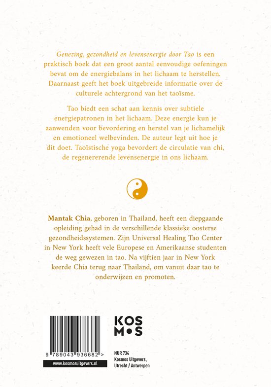 Achterkant boek: 'Genezing, gezondheid en levensenergie door Tao' door Mantak Chia. Met tekst, een Yin Yang symbool en barcode.