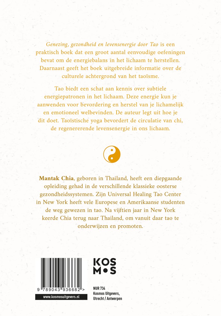 Achterkant boek: 'Genezing, gezondheid en levensenergie door Tao' door Mantak Chia. Met tekst, een Yin Yang symbool en barcode.