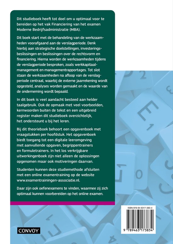 Achterkant van een boek met tekst over "MBA Financiering" en ISBN.