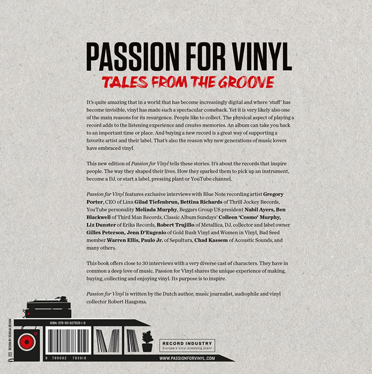 Boekomslag "Passion For Vinyl - Tales From The Groove" met tekst en een illustratie van een platenspeler.